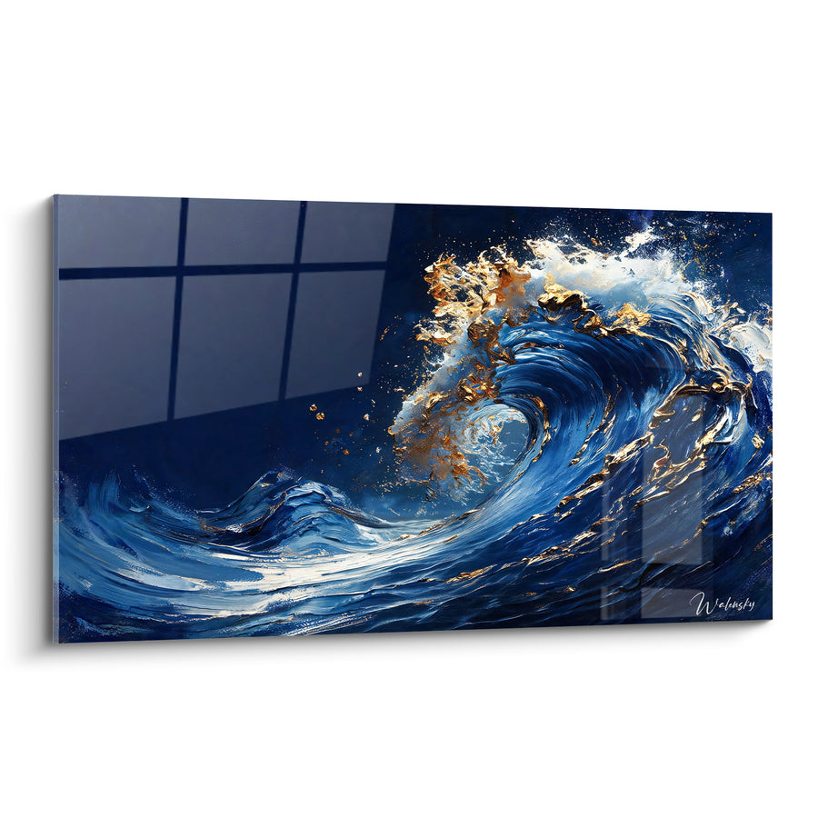Tableau Vague bleu marine et dorée écumante - Fureur océanique - Edition Spirales abstraites
