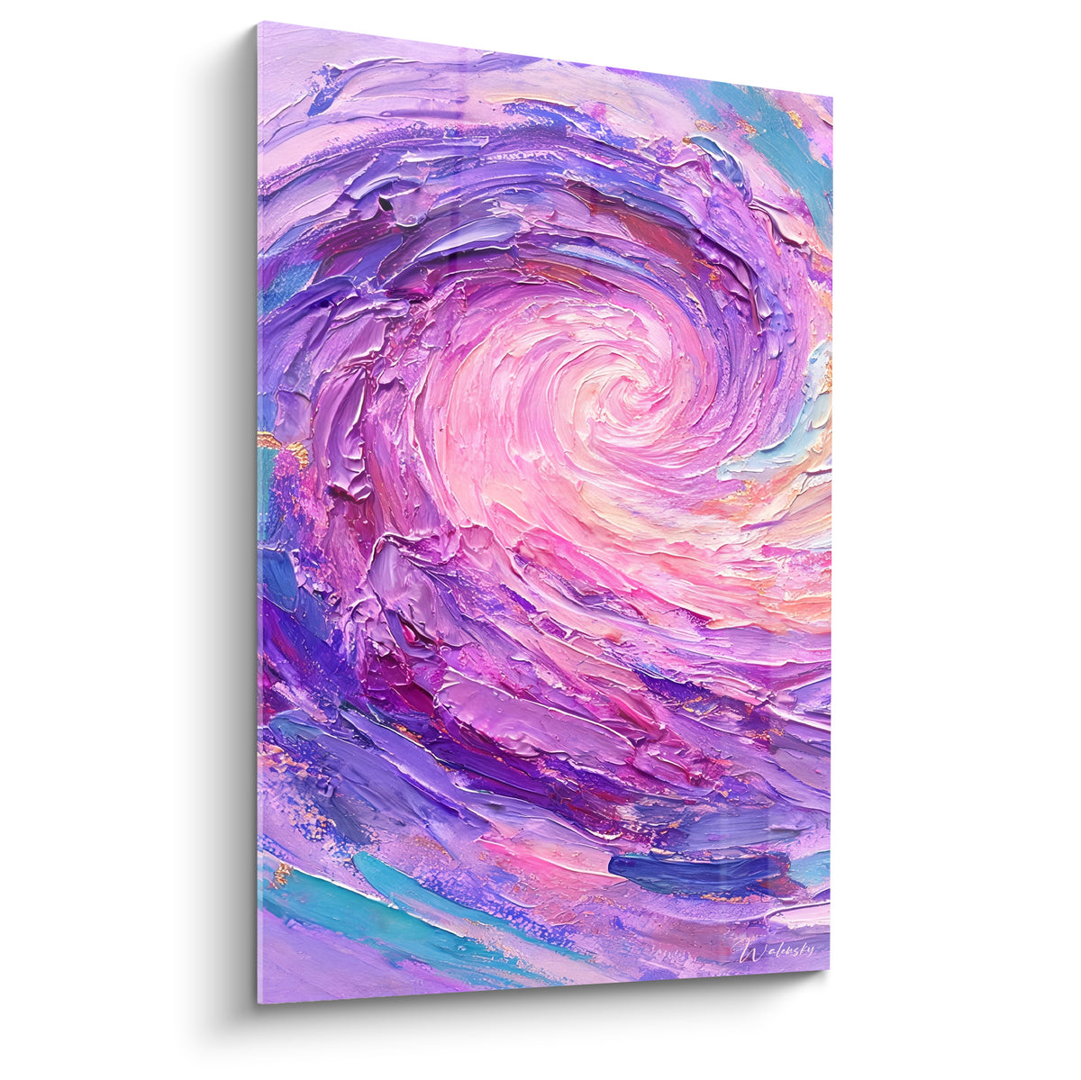 Tableau spirale abstraite violette et rose en relief, tourbillon texturé avec touches turquoise et dorées