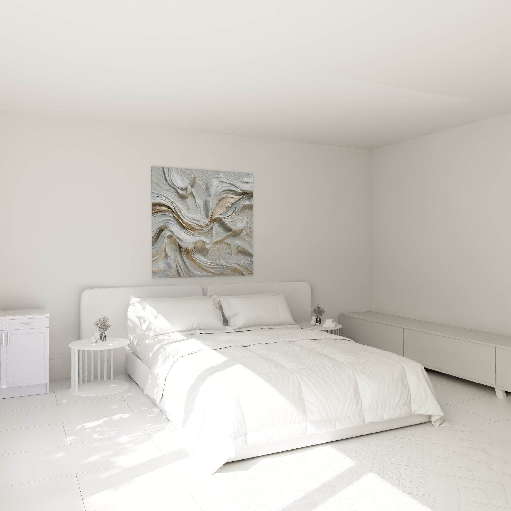 tableau abstrait spirales blanches dorees chambre moderne feng shui nord ouest metal ambiance apaisante