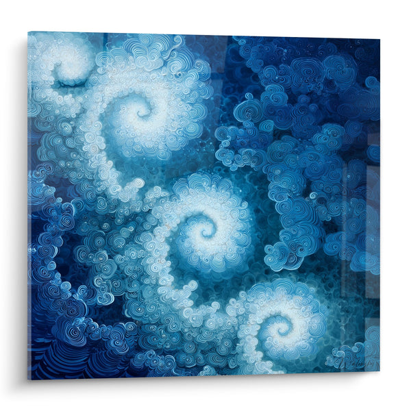 Gemälde blaue ornamentale Spiralen auf wolkigem Gewässerhintergrund - Himmlische Harmonie - Feng-Shui Nord Wasser