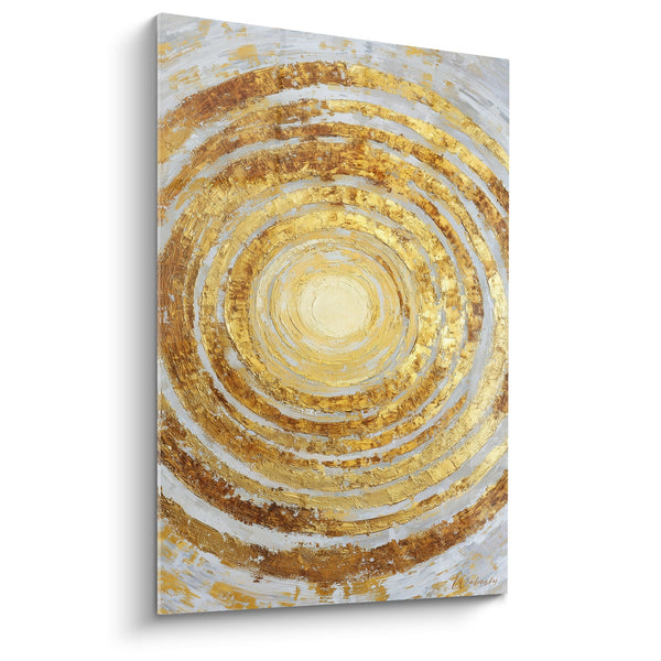 Schilderij Gouden Concentrische Spiralen op Getextureerde Witte Achtergrond - Hemelse Harmonie - Feng Shui Noordoost Aarde Editie