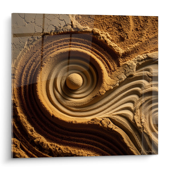 Schilderij Gouden Spiralen in Rotsformaties - Mineraal Wervelwind - Zand Editie