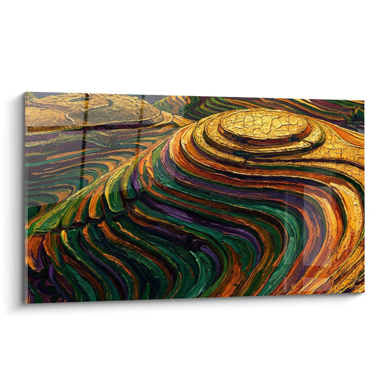 Quadro Spirali Colorate con Tonalità Dorate e Verdi - Vortice Cromatico - Edizione Risaie