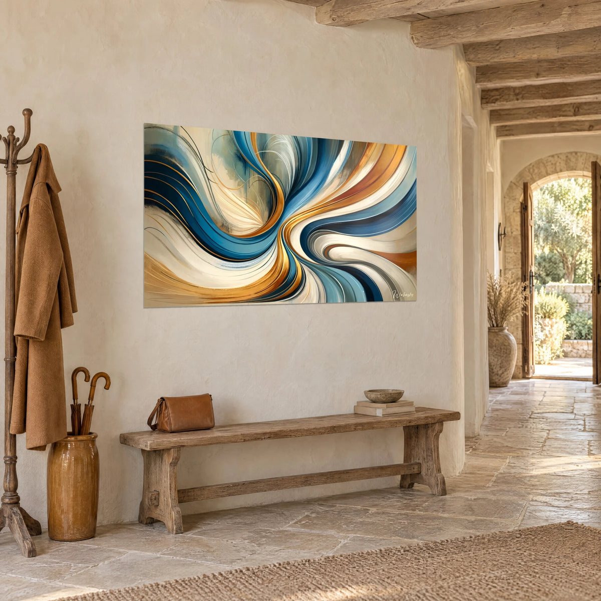 Wall art flowing waves in ochre and steel blue, cream scrolls fanning out, hung in an entrance with a vaulted stone ceiling