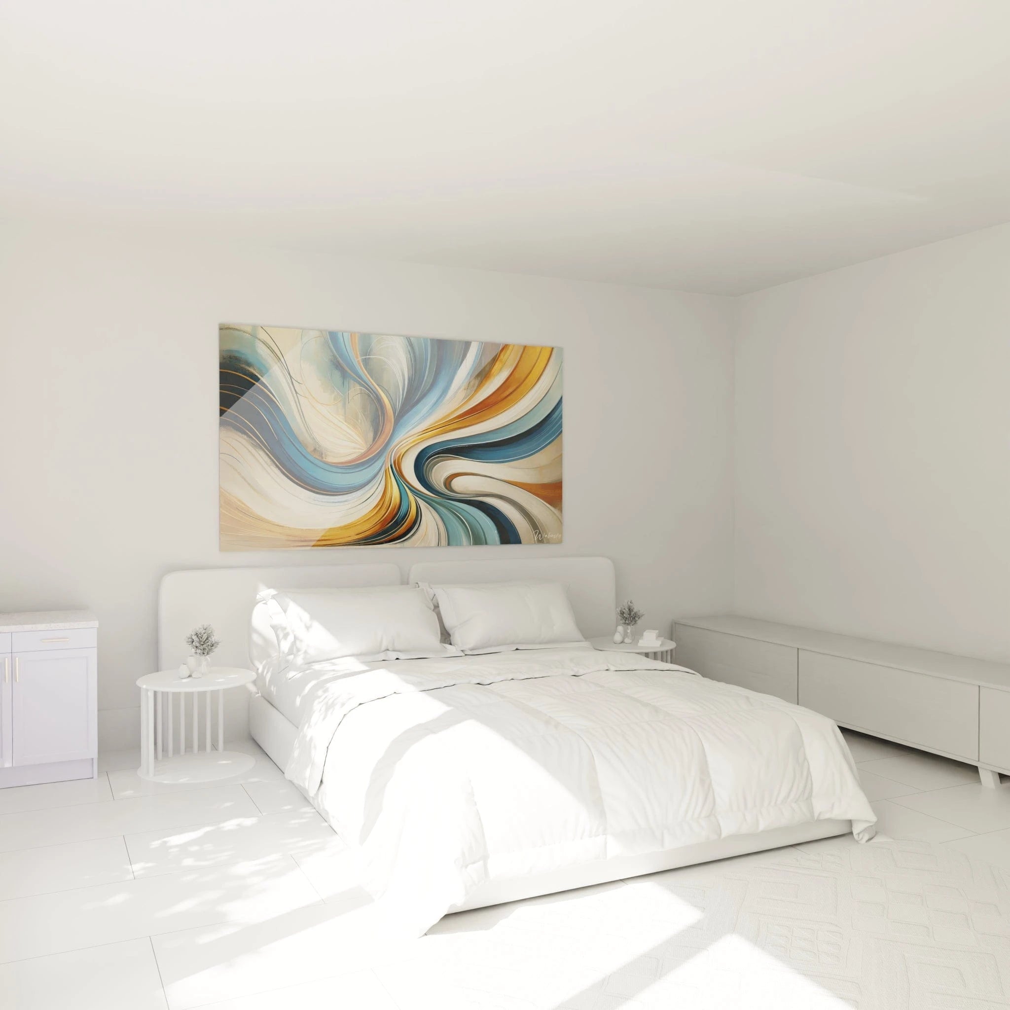 Un tableau abstrait de vortex aux couleurs entrelacées. La palette associe bleu azur, ocre doré, blanc ivoire et gris argenté. Les textures combinent traits lisses et brillants formant des courbes concentriques qui se déploient à partir du centre, avec des effets de profondeur créés par la superposition des bandes colorées qui semblent tournoyer dans un mouvement perpétuel.
