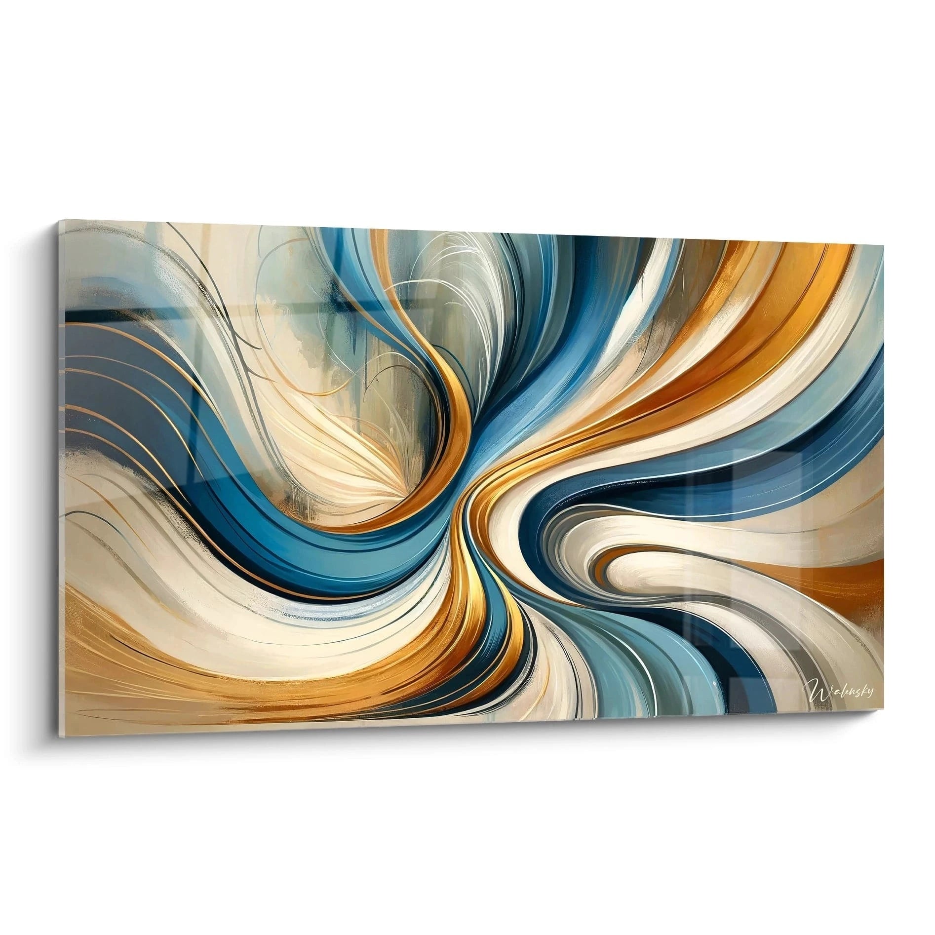 Un tableau abstrait de lignes courbes en mouvement tourbillonnant. Dominé par des teintes bleu turquoise, or métallisé, blanc crème et gris perle. La texture présente des bandes fluides qui s'enroulent et convergent vers le centre, créant un effet de spirale dynamique avec des rubans de couleur aux contours nets qui s'entrelacent dans un mouvement circulaire harmonieux.
