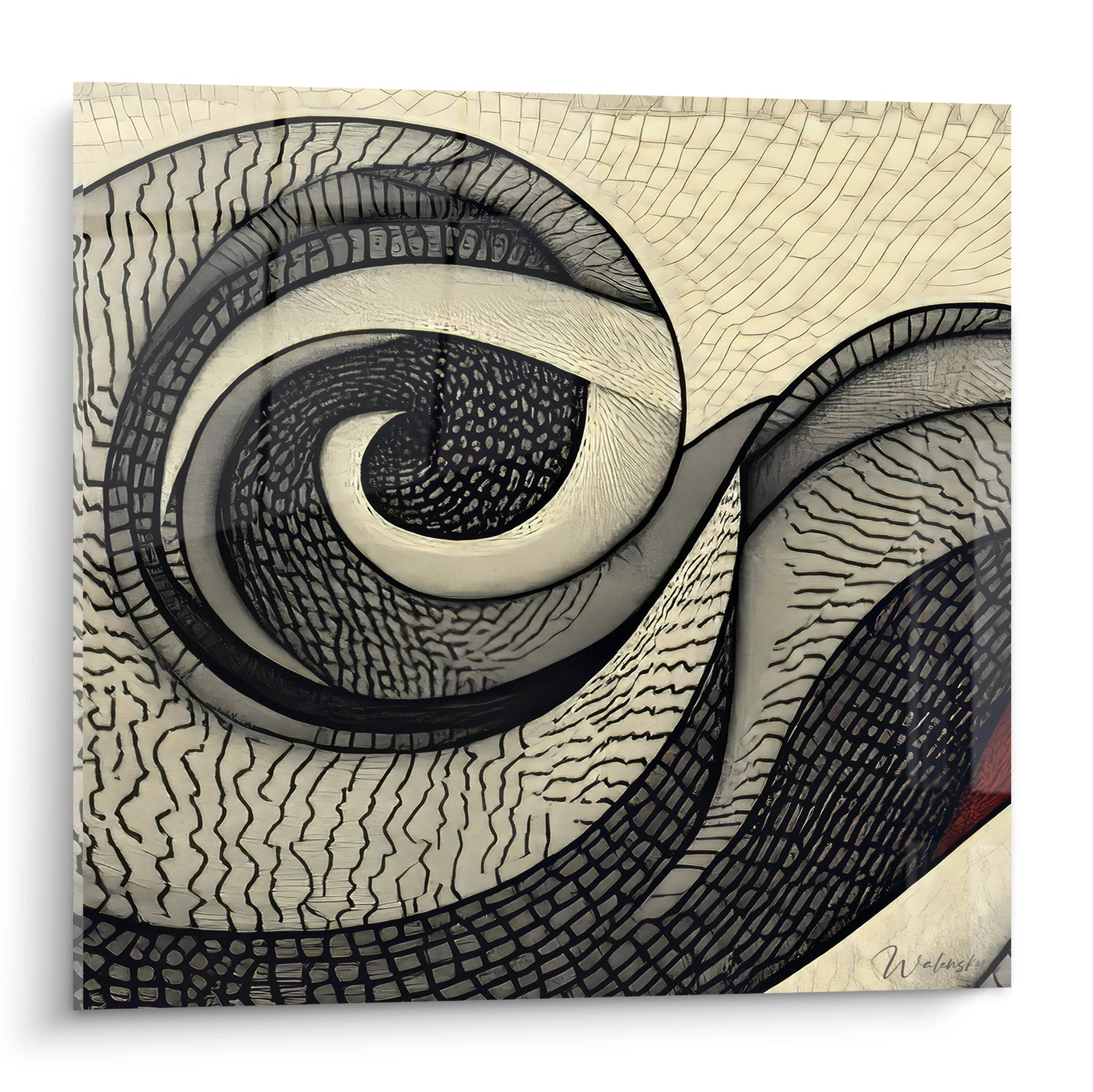 Tableau mural spirales entrelacées beiges et grises, art abstrait moderne aux motifs texturés hypnotiques