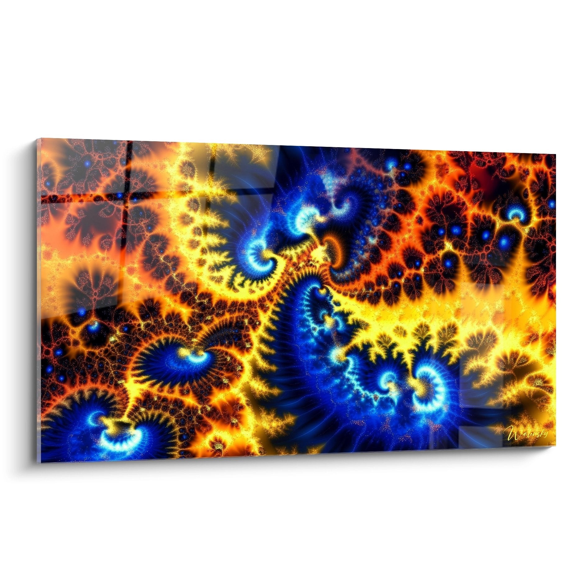 Tableau mural fractale spirales cosmiques bleu orange art moderne décoration intérieure design