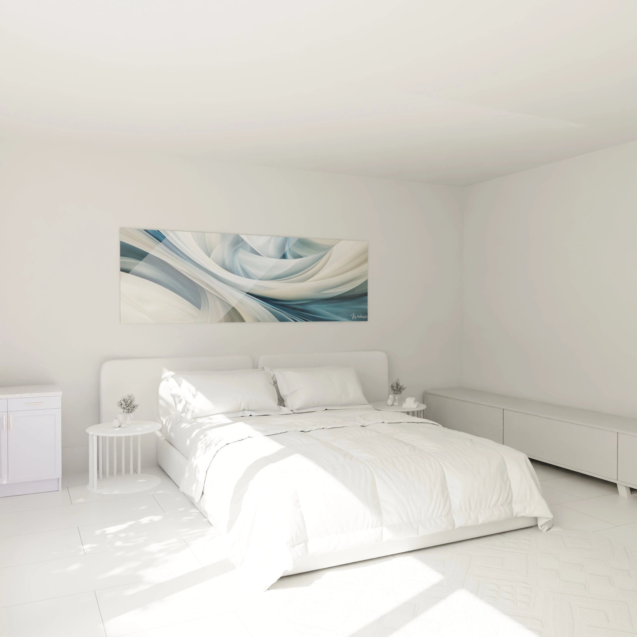 Tableau moderne abstrait de Walensky avec des vagues de couleurs douces dans une chambre lumineuse