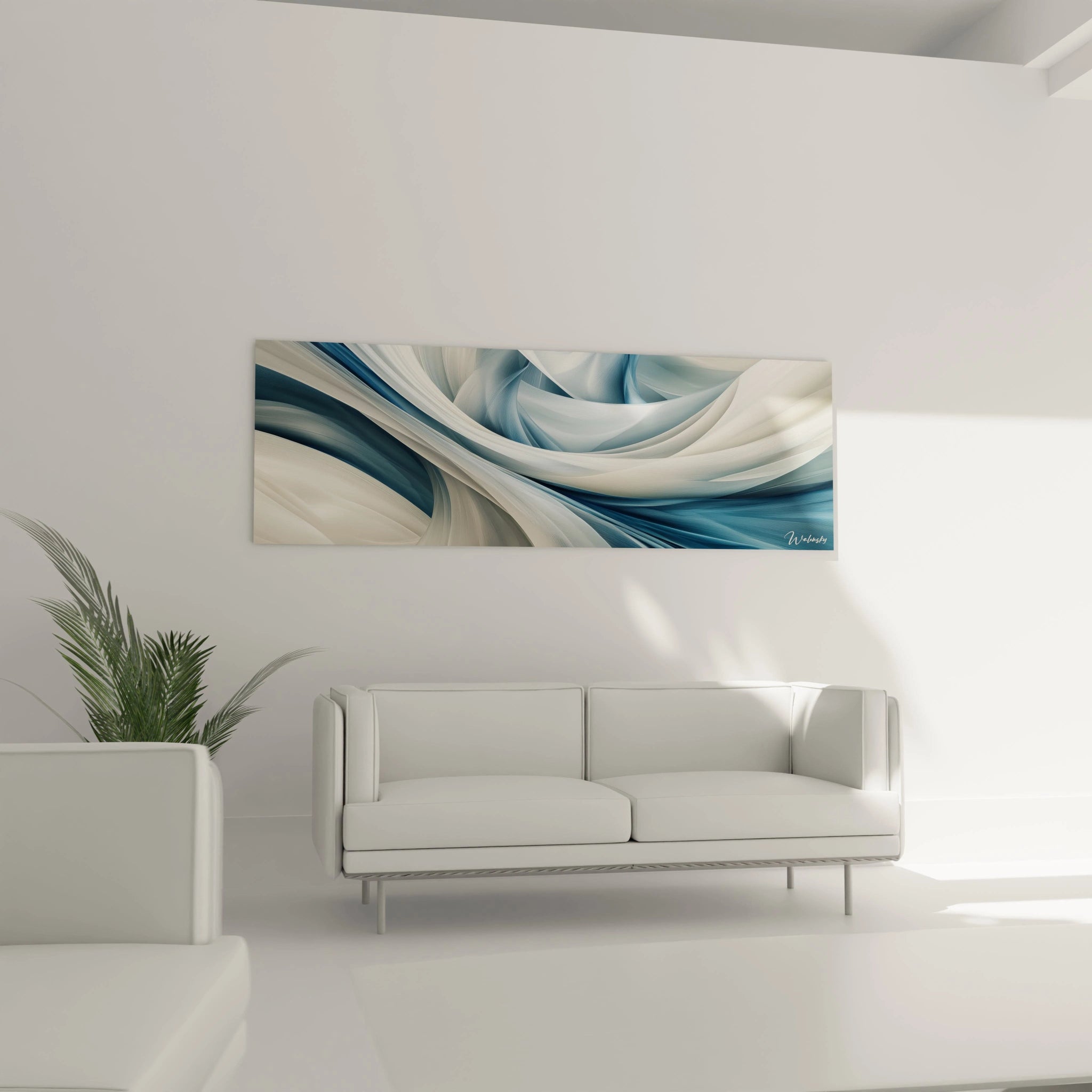 Tableau moderne abstrait de Walensky avec des vagues bleues et blanches pour une décoration contemporaine