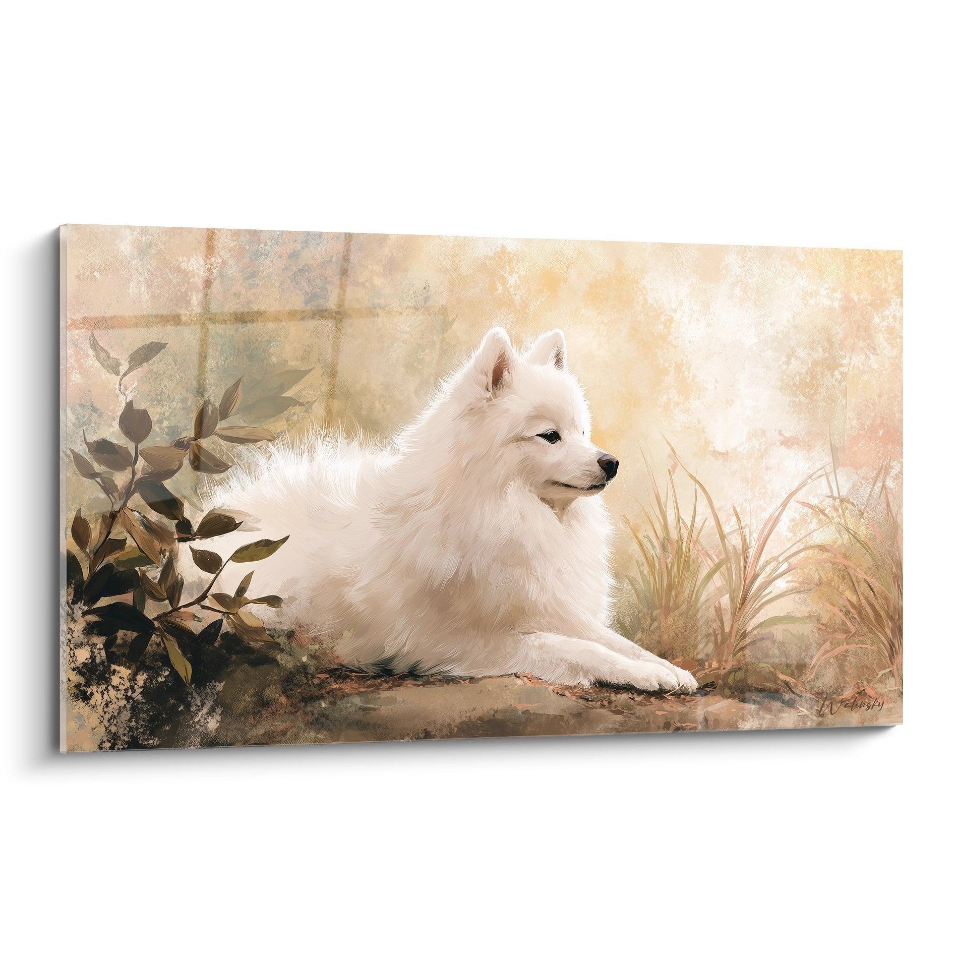 Tableau spitz japonais blanc allongé fond doré ambiance automnale sereine végétation cuivrée lumière tamisée