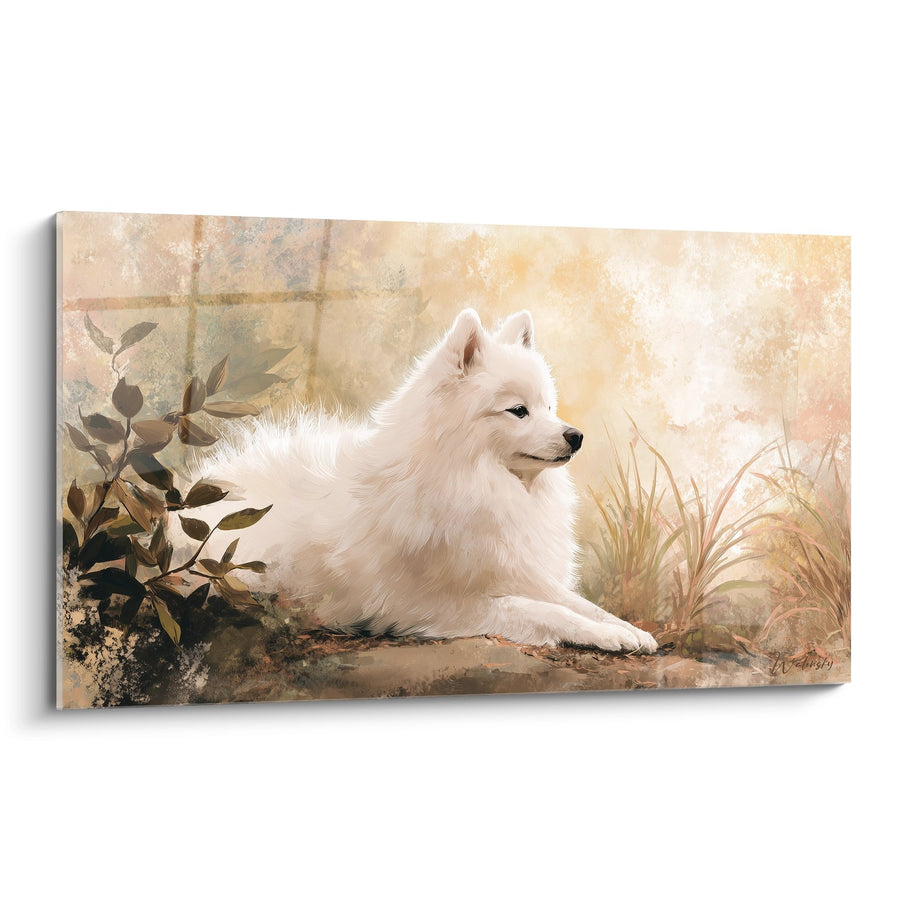 Tableau Spitz Japonais Blanc Allongé sur Fond Doré Pastel - Sérénité Dorée - Edition Spitz Japonais