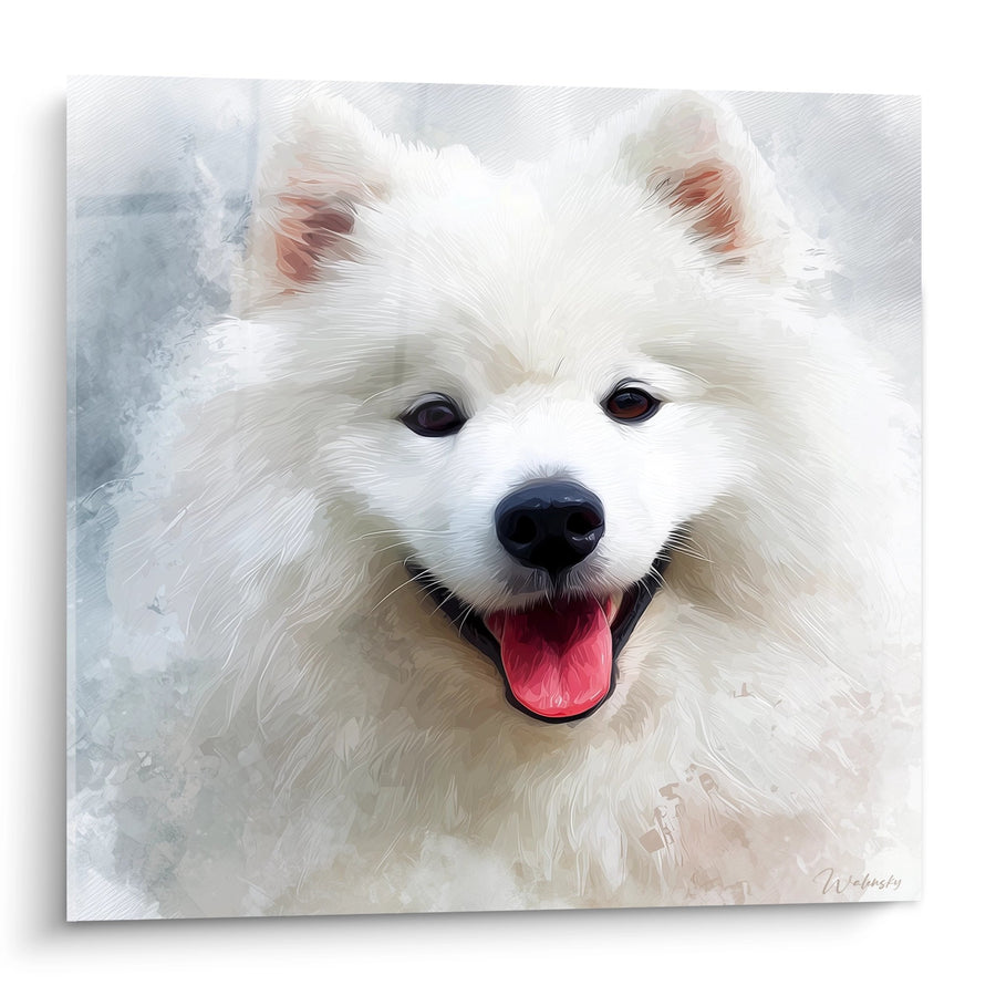 Tableau Portrait Souriant Pelage Blanc Éclatant Style Pictural - Tendresse Canine - Edition Spitz Japonais