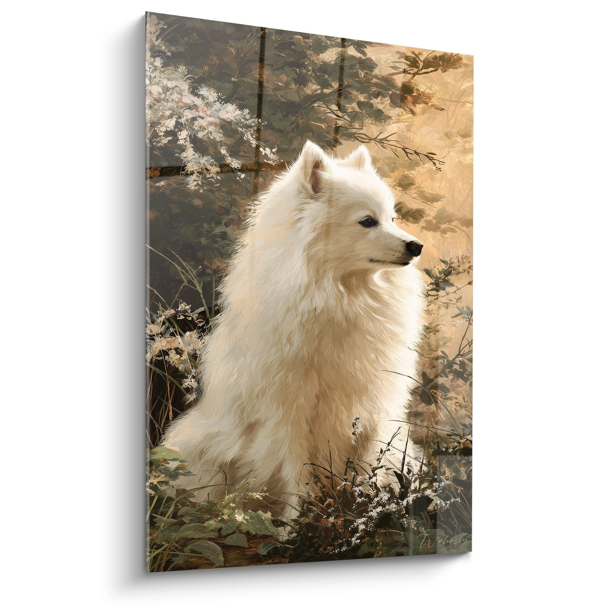 tableau spitz japonais pelage blanc dans foret automnale tons dores et cuivres decoration murale