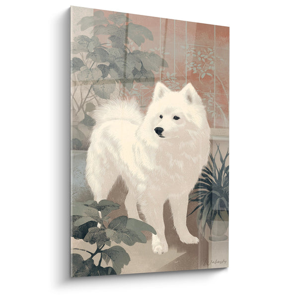 Cuadro de perro blanco de pelaje sedoso en jardín japonés con tonos rosas y verdes - Serenidad Oriental - Edición Spitz Japonés