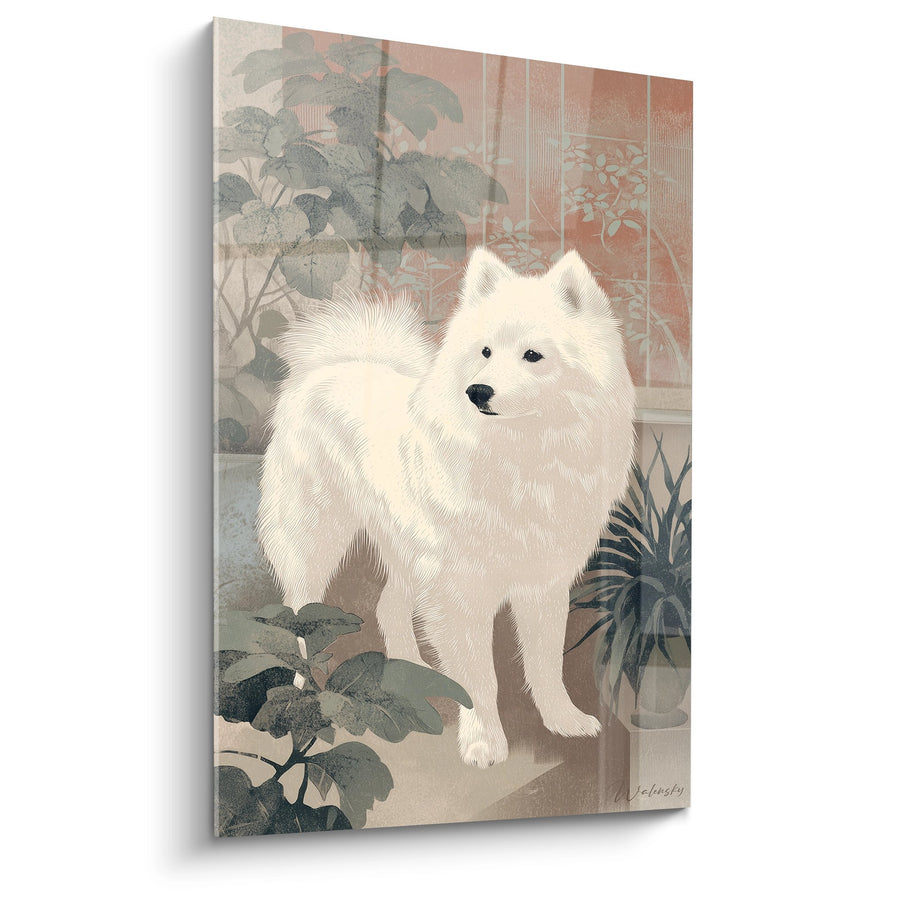 Tableau chien blanc pelage soyeux dans jardin japonais aux tons roses et verts - Sérénité Orientale - Edition Spitz Japonais