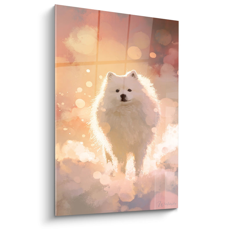 Weißes Hundegemälde in Goldenem Licht mit Bokeh-Effekten - Sanfte Leuchtkraft - Japanischer Spitz Edition