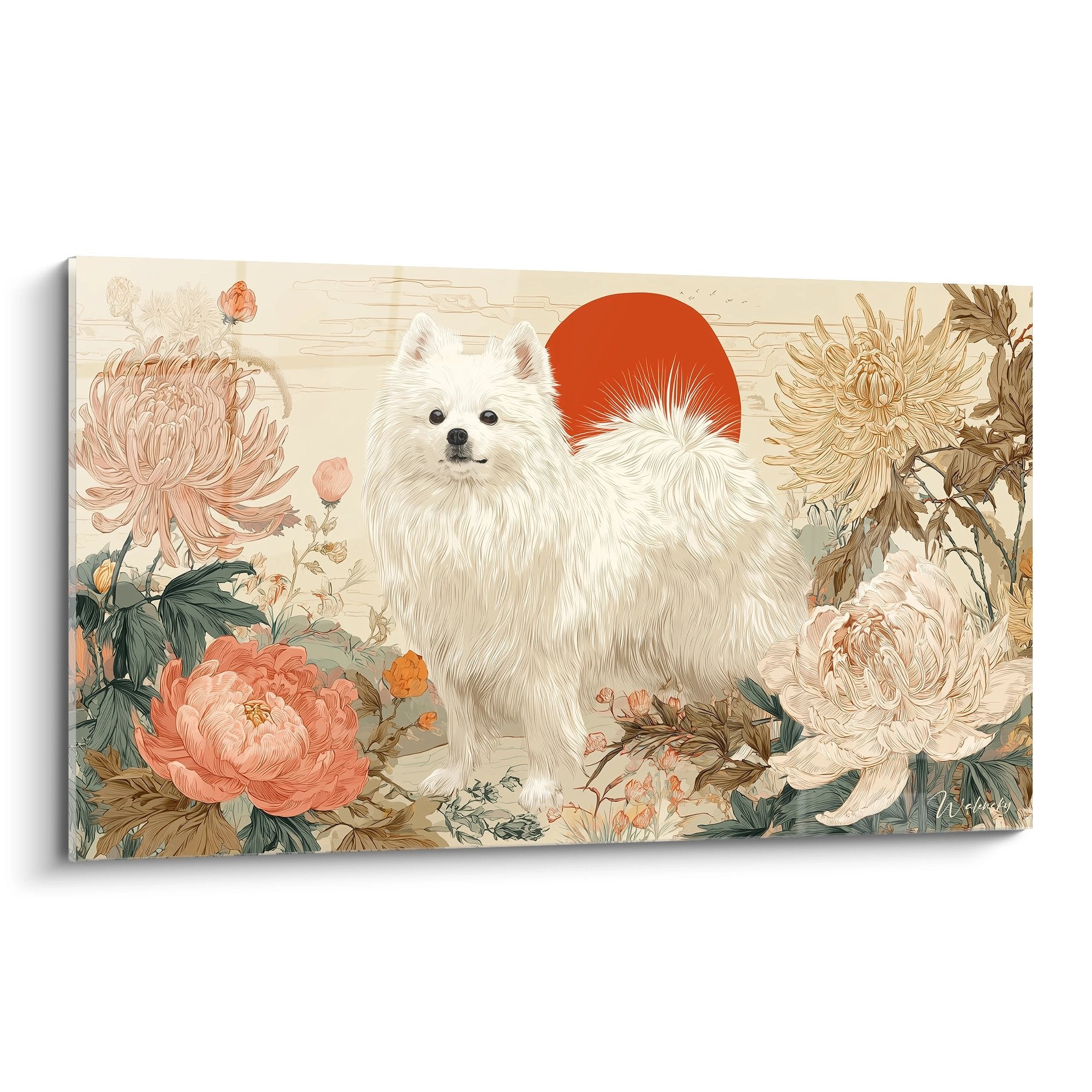 tableau spitz japonais blanc pivoines chrysanthemes soleil rouge art japonais floral decoration murale zen