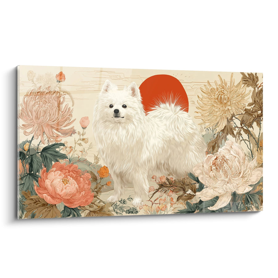 Tableau Spitz Japonais Blanc dans Jardin de Pivoines et Chrysanthèmes - Harmonie Florale - Edition Spitz Japonais