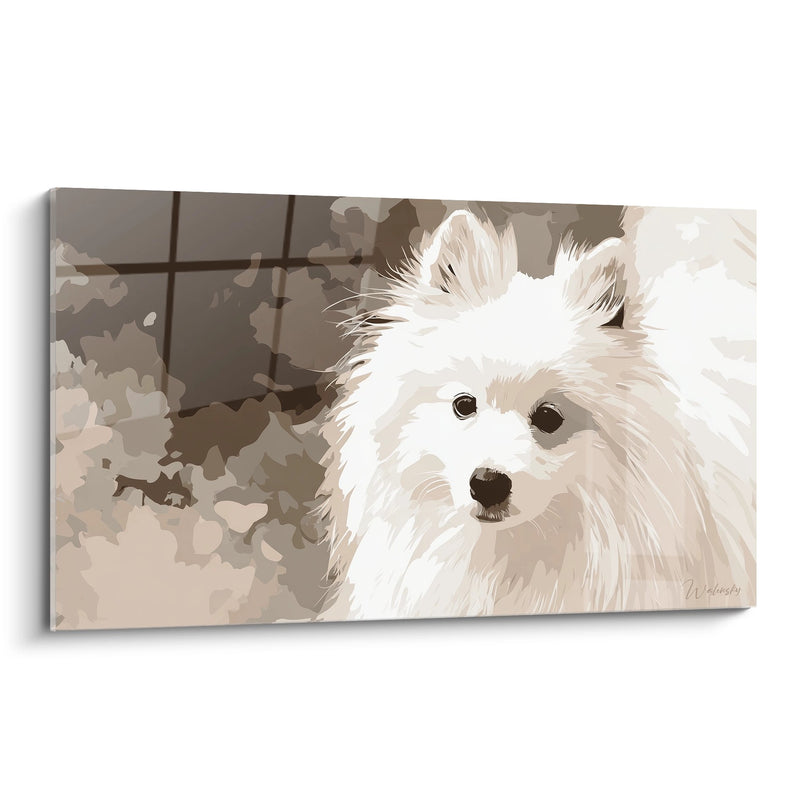 Quadro Ritratto di Cane Tonalità Beige e Crema su Sfondo Urbano - Dolcezza Moderna - Edizione Spitz Giapponese
