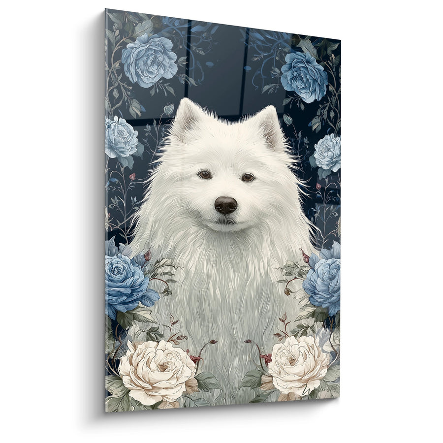 Tableau Portrait Blanc sur Fond Floral Bleu Nuit - Élégance Florale - Edition Spitz Japonais
