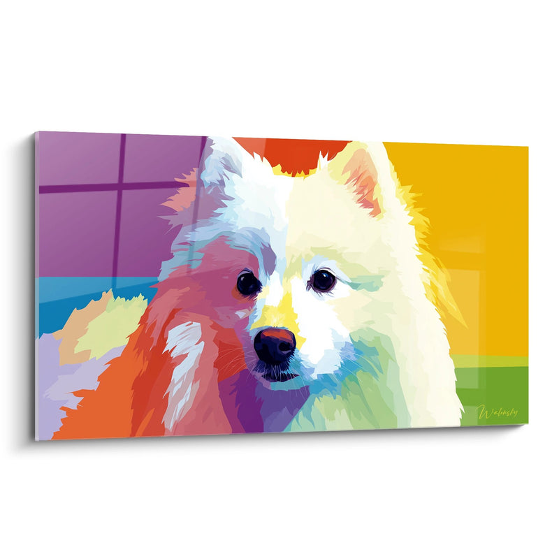 White Dog Painting with Rainbow Colors - Multicolor Portrait - Japanese Spitz Edition