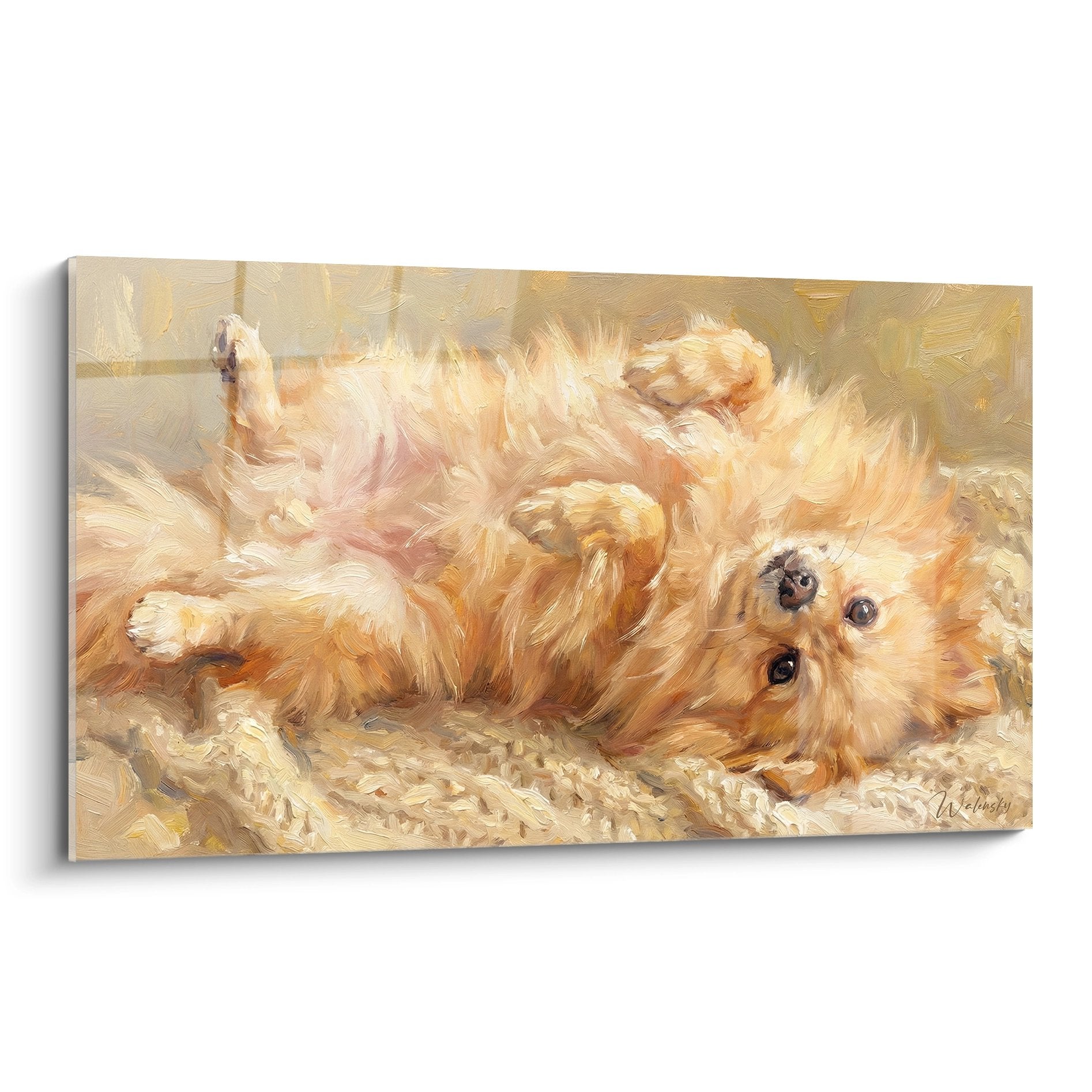 tableau spitz pomeranien allonge dos tons dores peinture impressionniste chien pelage creme