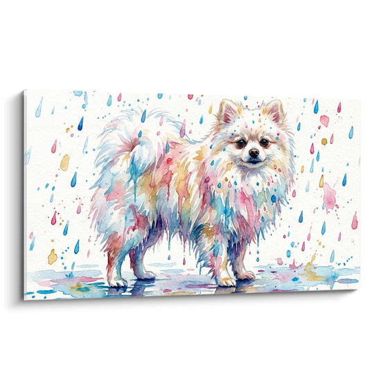 Aquarellgemälde Weißer Pomeranian Spitz im farbigen Regen Blau Rosa Gold auf künstlerischem weißem Hintergrund