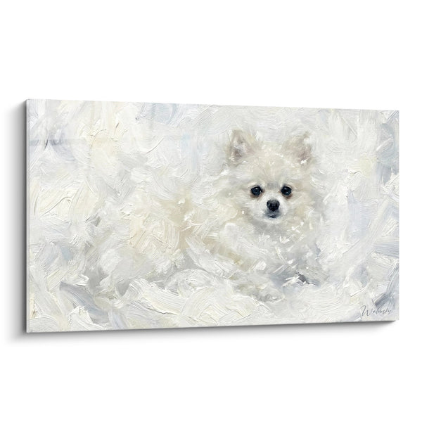 Cuadro de Spitz Blanco Inmaculado de Ojos Negros - Dulzura Invernal - Edición Spitz Pomerania