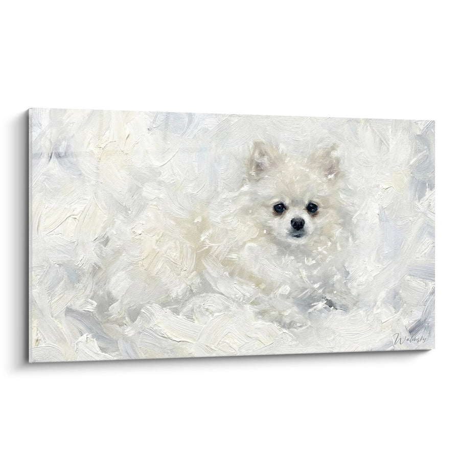 Tableau Spitz Blanc Immaculé aux Yeux Noirs - Douceur Hivernale - Edition Spitz Poméranien