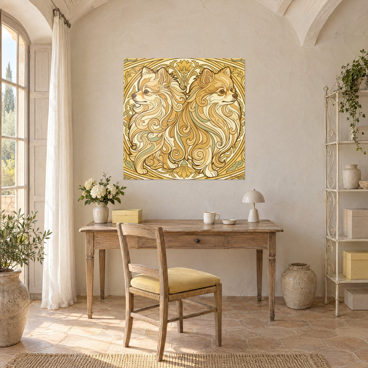Quadro cane di razza pomerania in stile barocco, ornamenti floreali ocra e avorio, sopra una scrivania in legno chiaro