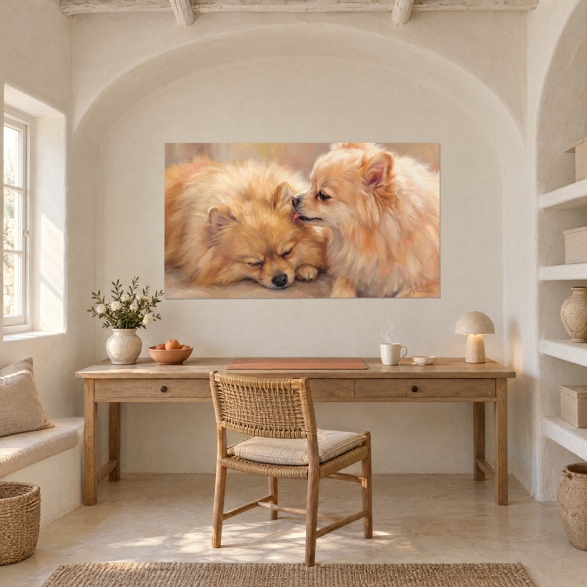 Cuadro retrato de dos spitz enanos esponjosos, pelaje naranja cálido y crema, pinceladas visibles, encima de un escritorio de madera