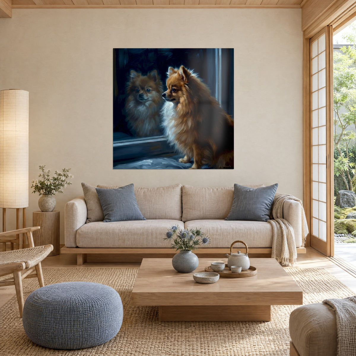 Πίνακας κοκκινομάλλης σπιτς Pomeranian με βλέμμα στραμμένο στο παράθυρο, μπλε νυχτερινό αντανάκλαση, πάνω από καναπέ σε φωτεινό σαλόνι