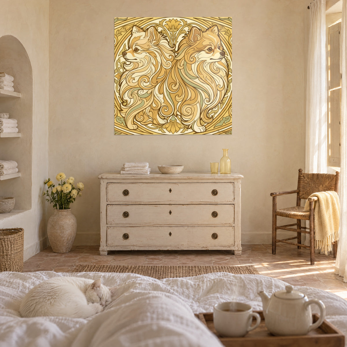 Quadro coppia di pomerania in arabeschi dorati e crema, linee marroni, sopra un letto in una camera luminosa