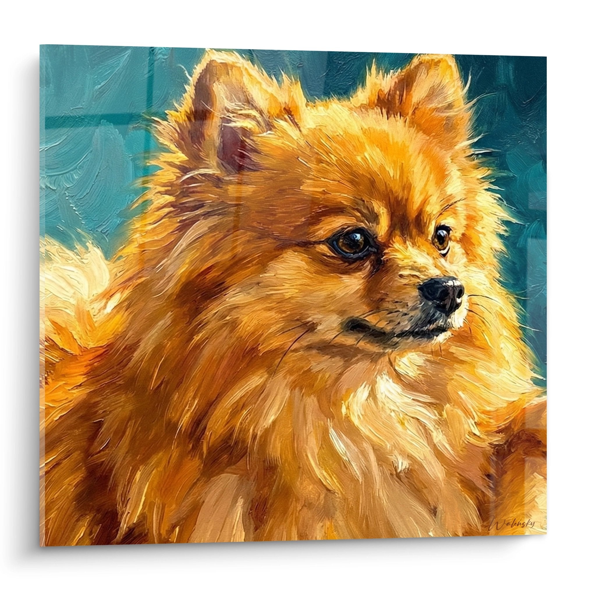 tableau portrait spitz pomeranien dore pelage orangé yeux expressifs fond turquoise