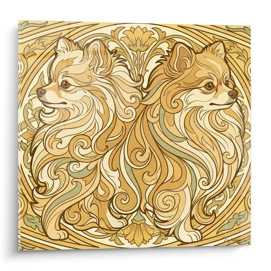 Gemälde Duo Golden Retriever mit Blütenornamenten - Barocke Eleganz - Zwergspitz Edition