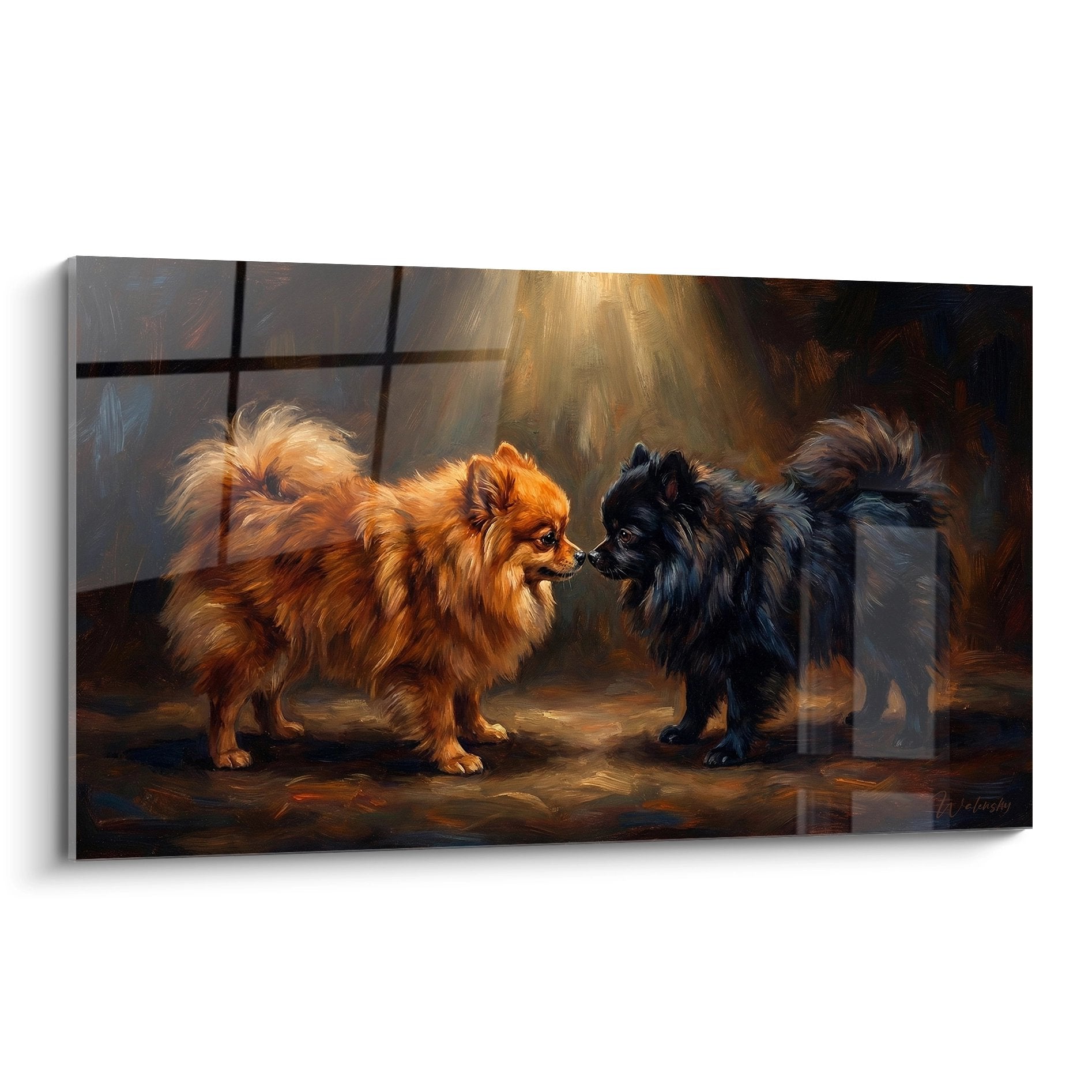 Tableau deux spitz pomeranien face a face lumiere doree rayons soleil pelage roux et noir