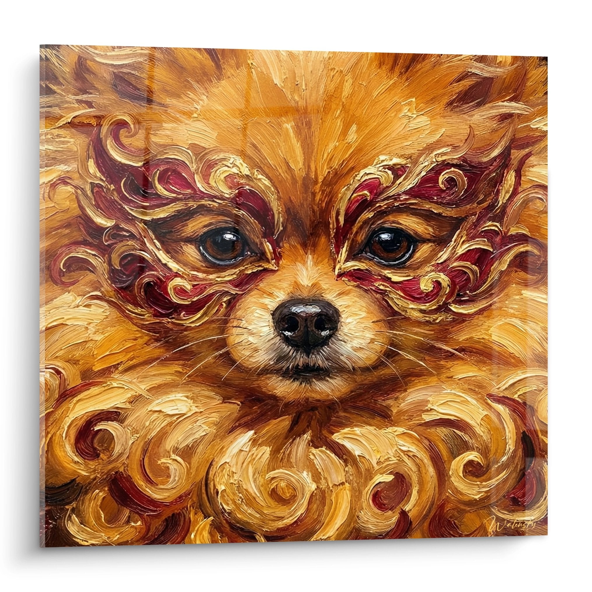Tableau artistique Spitz Pomeranien aux flammes dorees regard intense yeux noirs pelage orne spirales cuivrees