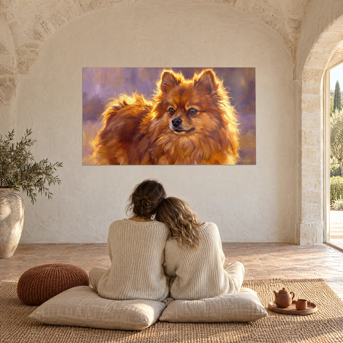 Cuadro lulú de Pomerania rojo de mirada tierna, halo dorado, fondo púrpura, una pareja de espaldas abrazada sobre cojines beige en el suelo