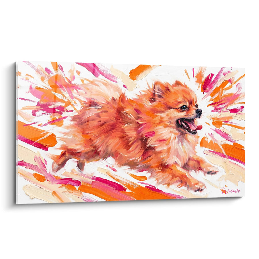 Tableau Spitz Poméranien en Mouvement aux Éclats Orange et Rose - Explosion de Joie - Edition Spitz Poméranien