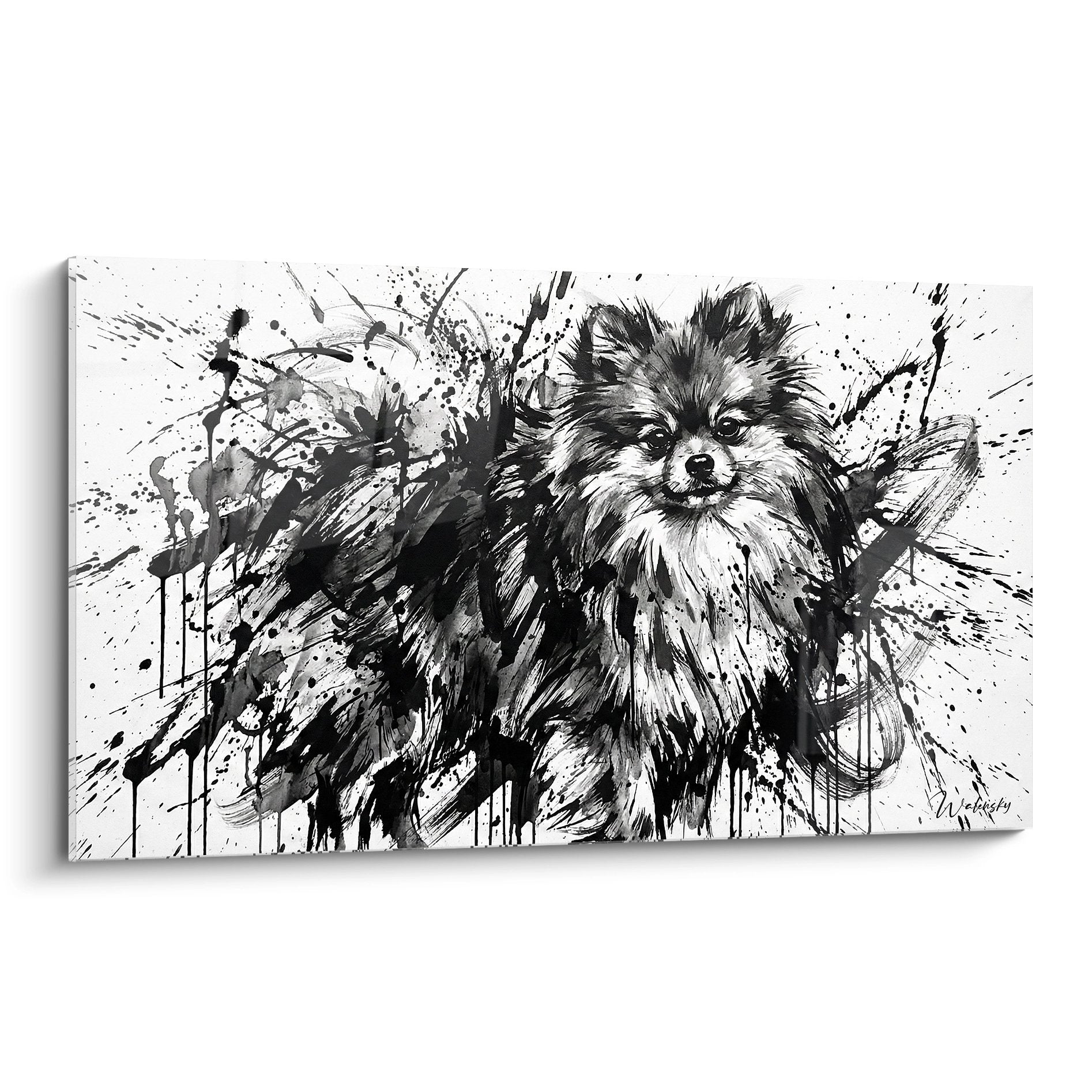 tableau spitz pomeranien noir blanc eclaboussures encre art moderne portrait chien expressif