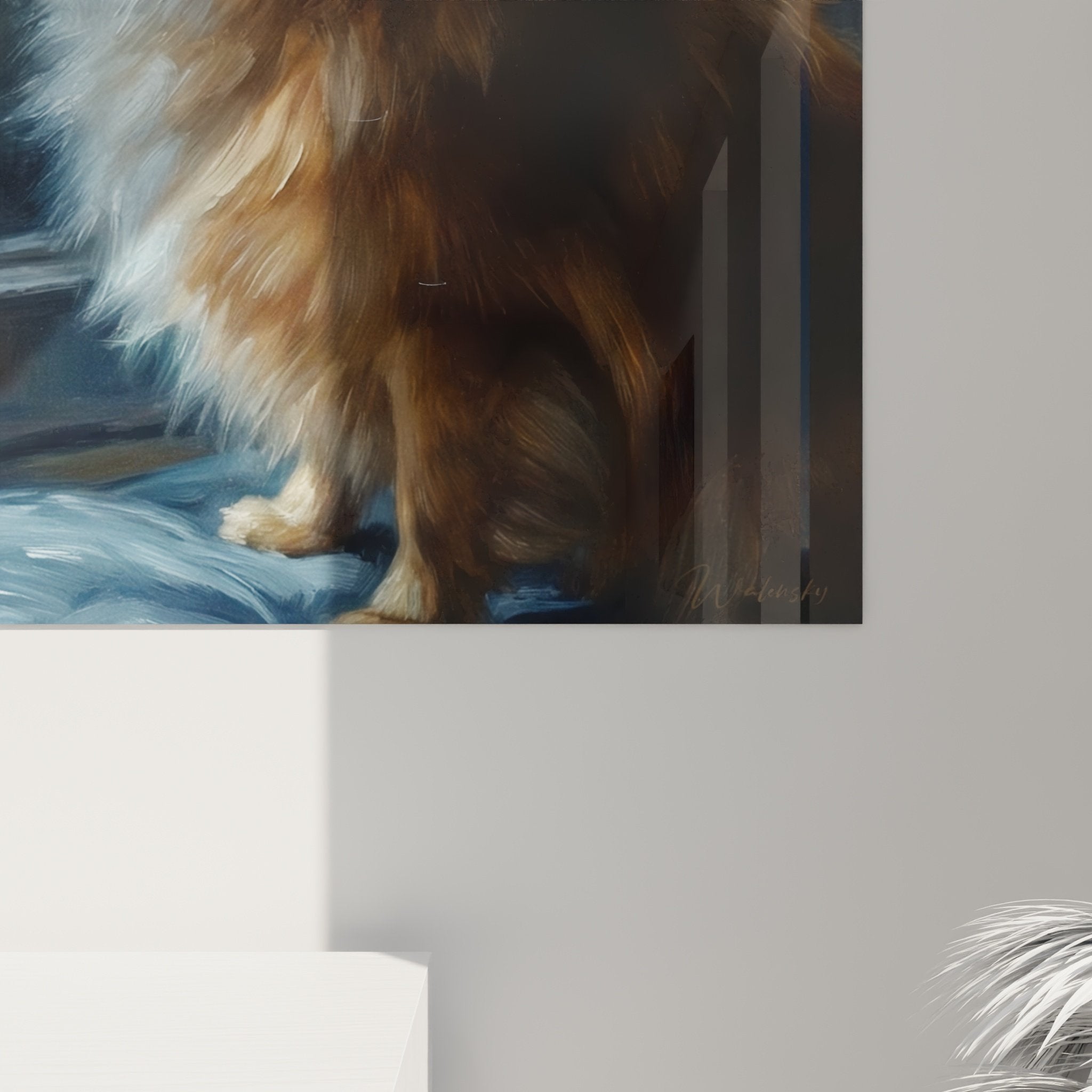 Vue ensemble tableau Spitz Pomeranien salon decoration murale chien contemplatif