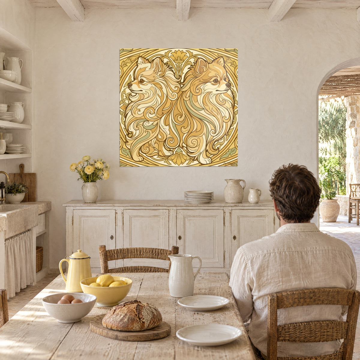 Quadro ritratti simmetrici di spitz con criniera vorticosa, giallo zafferano e verde pallido, di fronte a un tavolo da cucina