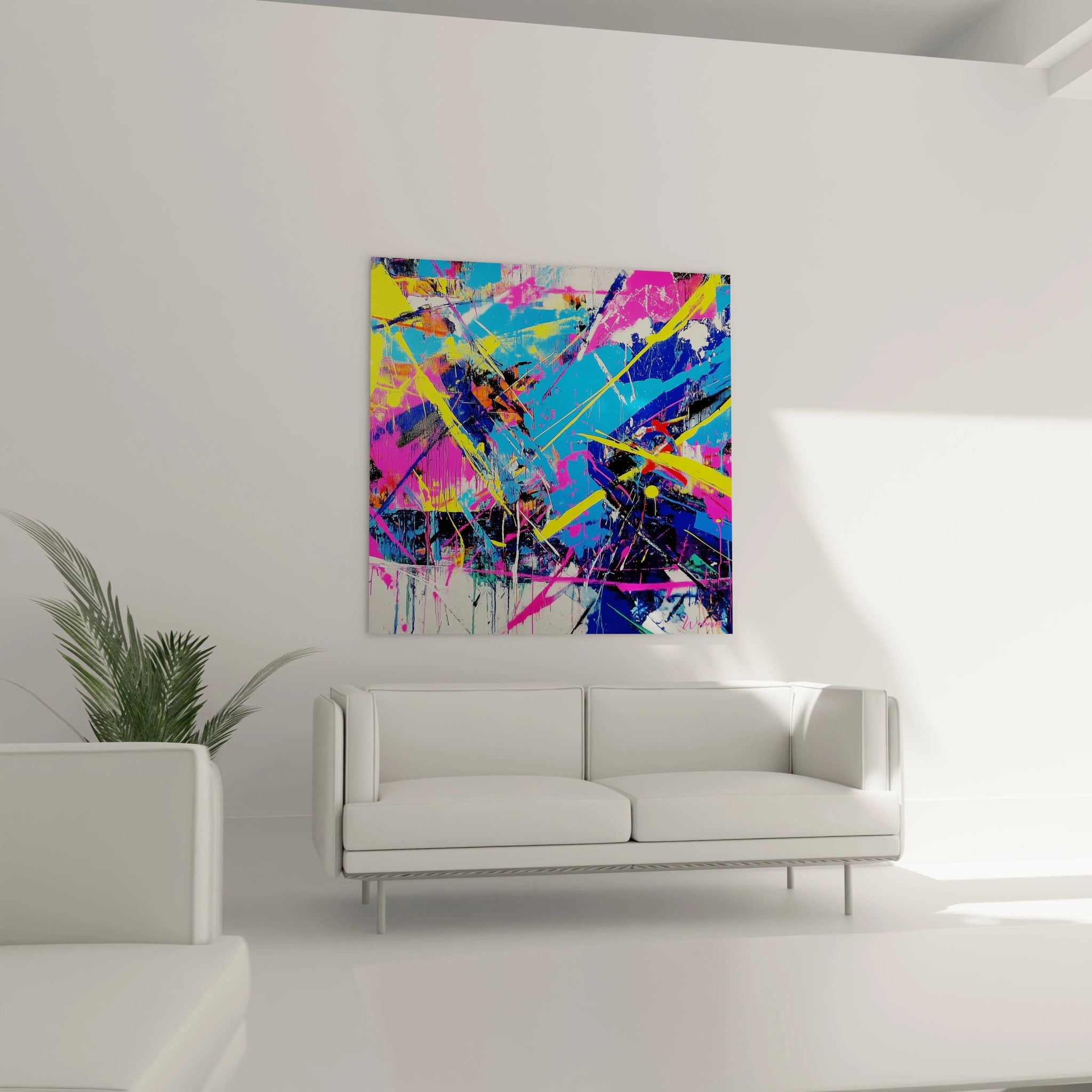 Un tableau street art abstrait caractérisé par des projections fluorescentes de bleu, rose et jaune, organisées en lignes dynamiques entrecroisées, créant une impression d'explosion chromatique maîtrisée sur fond blanc avec des zones de noir profond.
