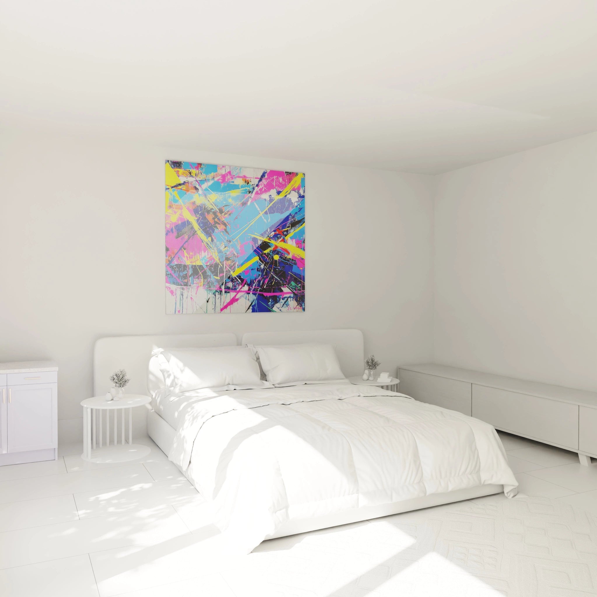 Un tableau multicolore présentant une composition abstraite énergique dominée par le bleu électrique, le rose fluo et le jaune vif, avec des éclaboussures contrôlées et des lignes directionnelles qui s'entrechoquent dans un chaos harmonieux évoquant l'art urbain contemporain.

