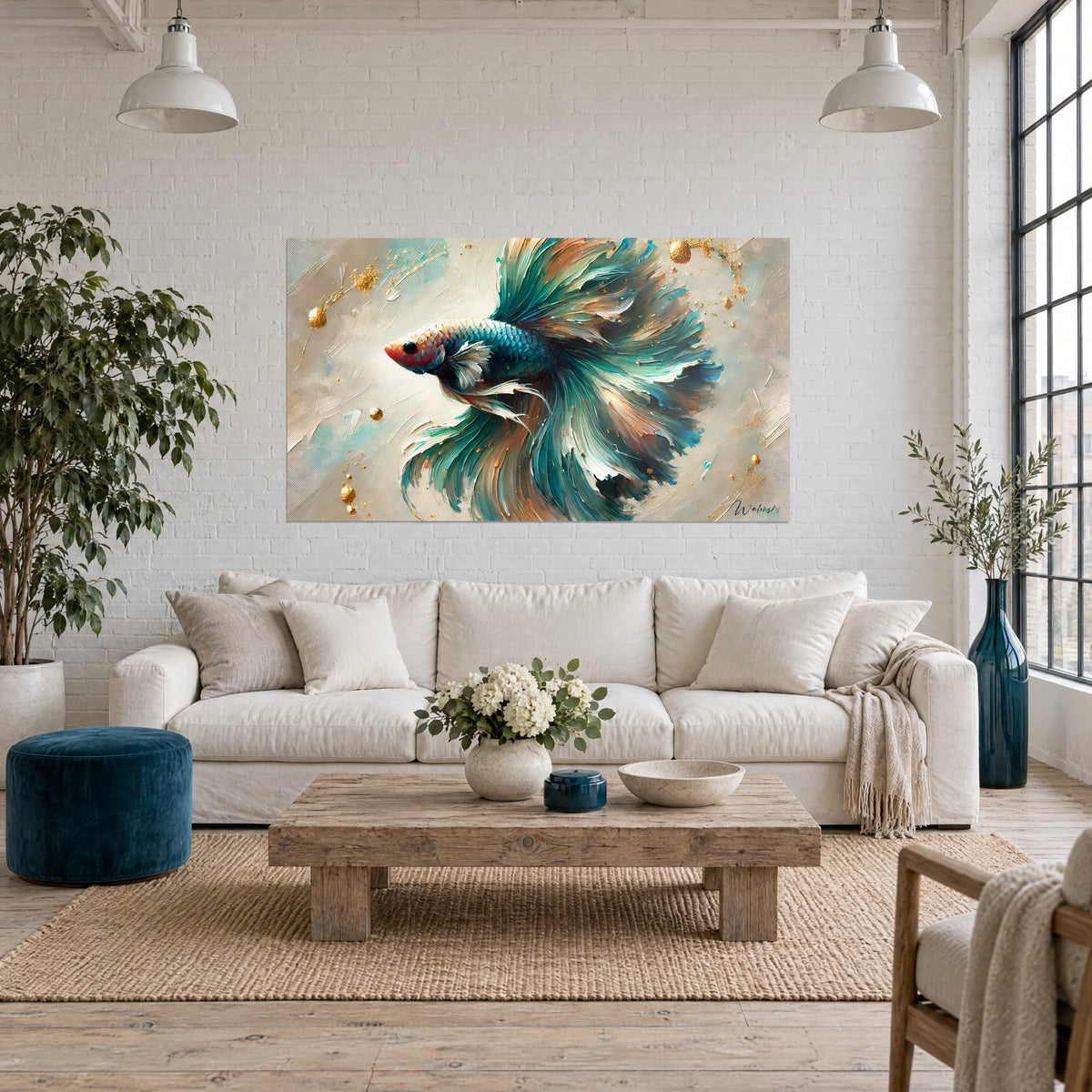 Wall art of a fighting fish with turquoise and copper fins, golden highlights on a cream background, hanging above a sofa in a bright living room
