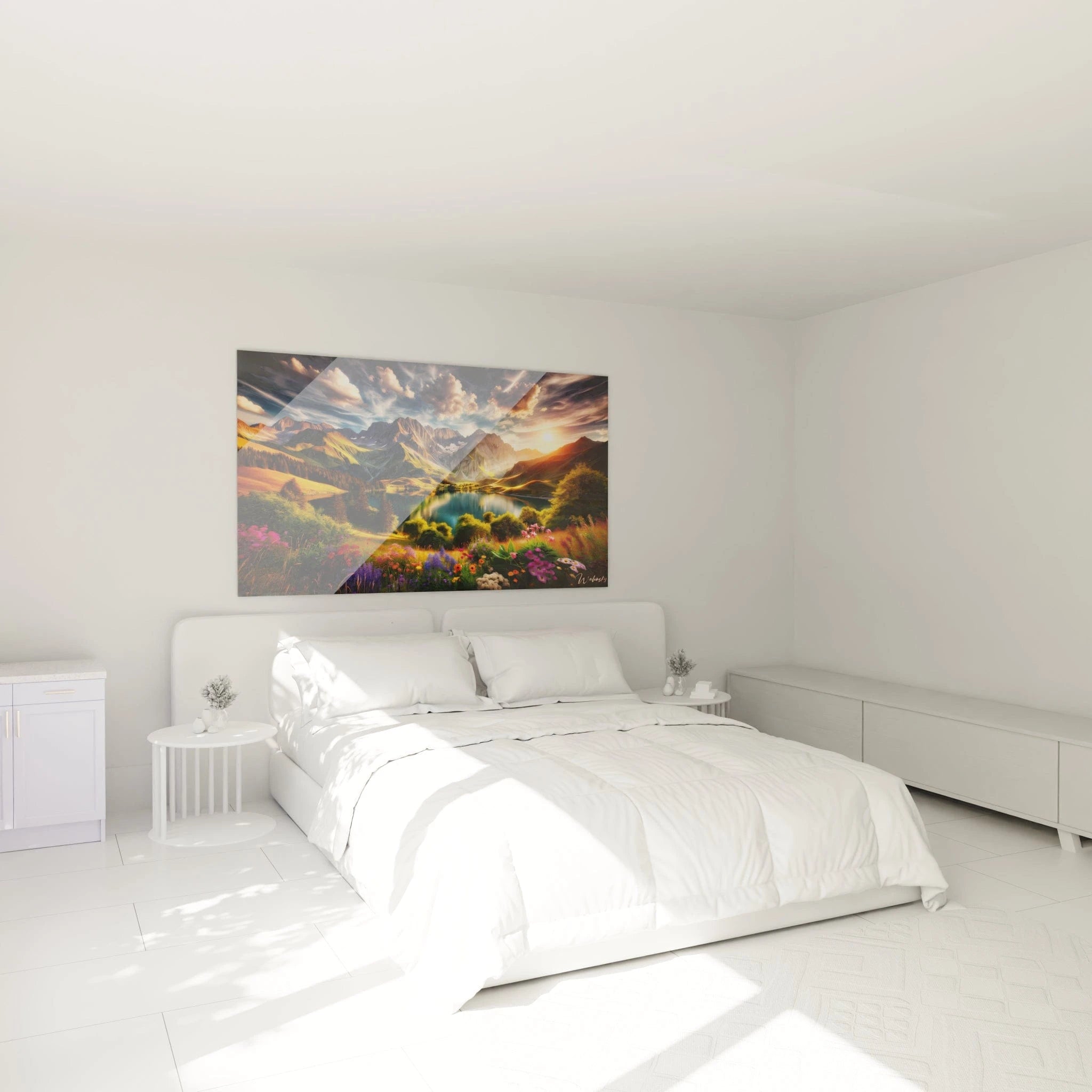 Tableau paysage mural coloré de montagnes et fleurs pour la décoration d'intérieur