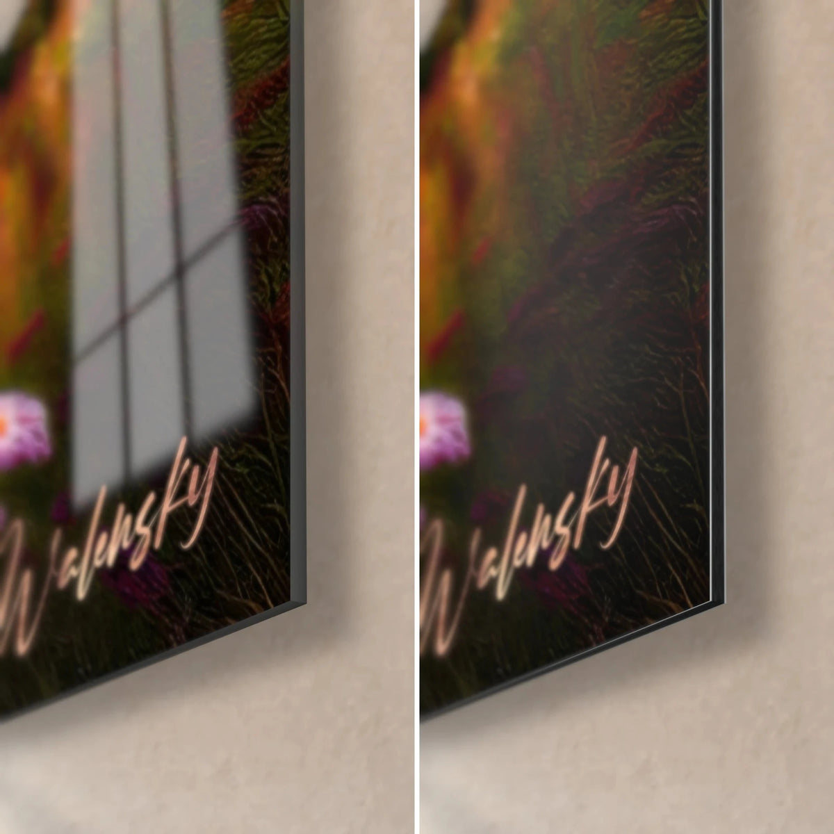 Tableau cime alpine et fleurs violettes, coin bas droit : verre acrylique brillant à gauche, alu Dibond noir mat à droite, tranche 3 mm