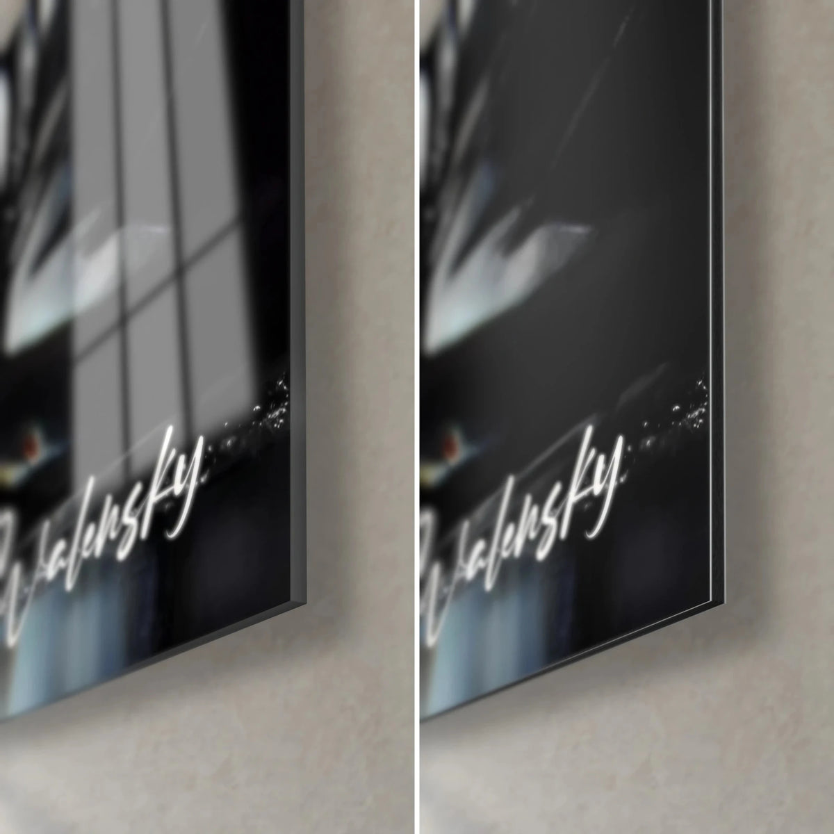 Wall art black feline in glossy black lacquer, bottom right corner: shiny acrylic glass on the left, matte Dibond aluminium on the right, 3 mm edge
