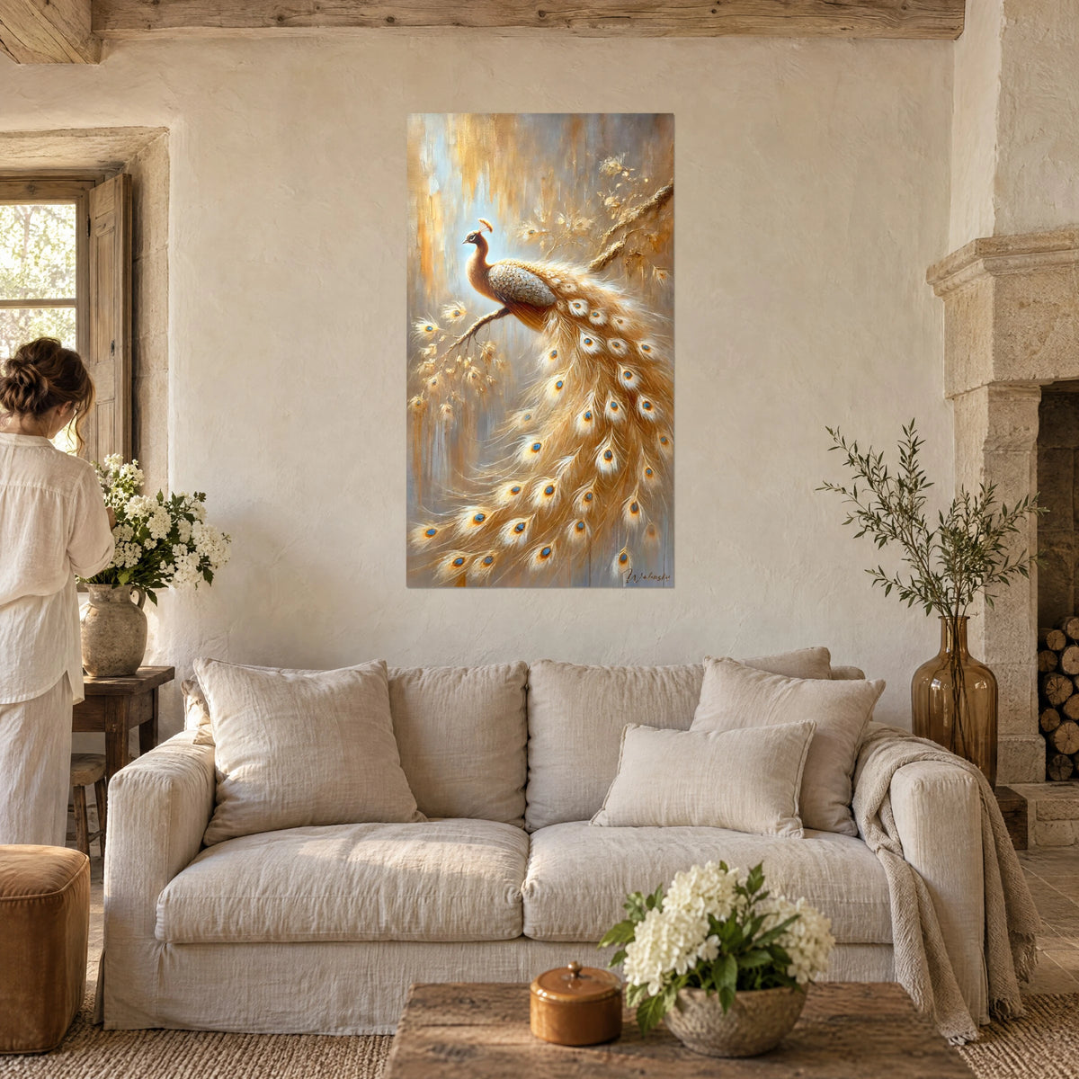 Quadro pavone dorato appollaiato sul suo ramo, coda turchese e avorio con occhi, sopra un divano in un soggiorno luminoso